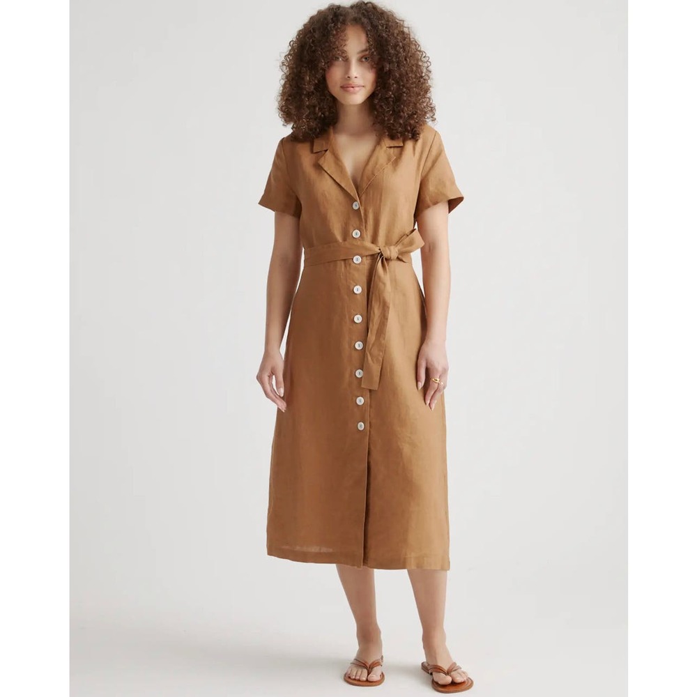 QUINCE Golden brown 100% European Linen Button Front Dress NWT Size Medium